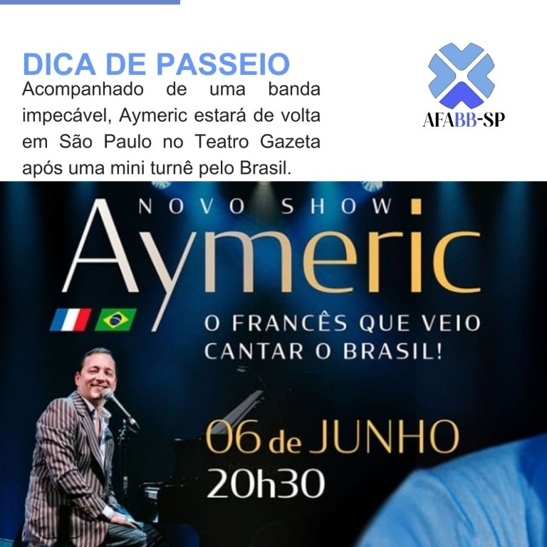 Aymeric, “o francês que veio cantar o Brasil”, dia 06/06/2025 no Teatro Gazeta