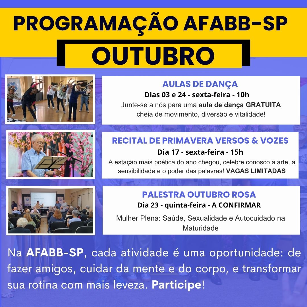 Confira a programação de OUTUBRO da AFABB-SP