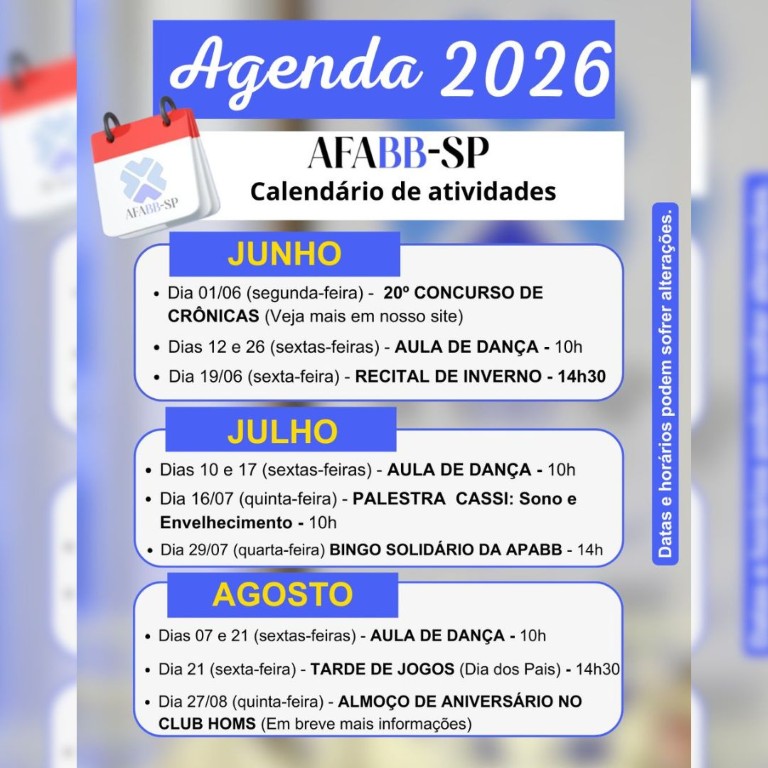 Programação de JUNHO, JULHO e AGOSTO. Confira! 