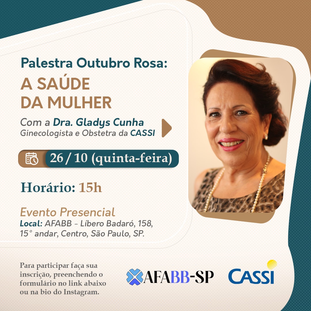 OUTUBRO ROSA: AFABB-SP realiza palestra sobre “A Saúde da Mulher”, dia 26/10, na sede em SP