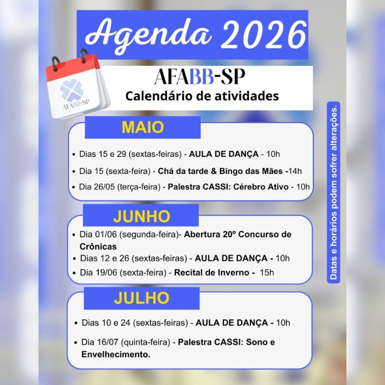 Programação de MAIO, JUNHO E JULHO. Confira! 